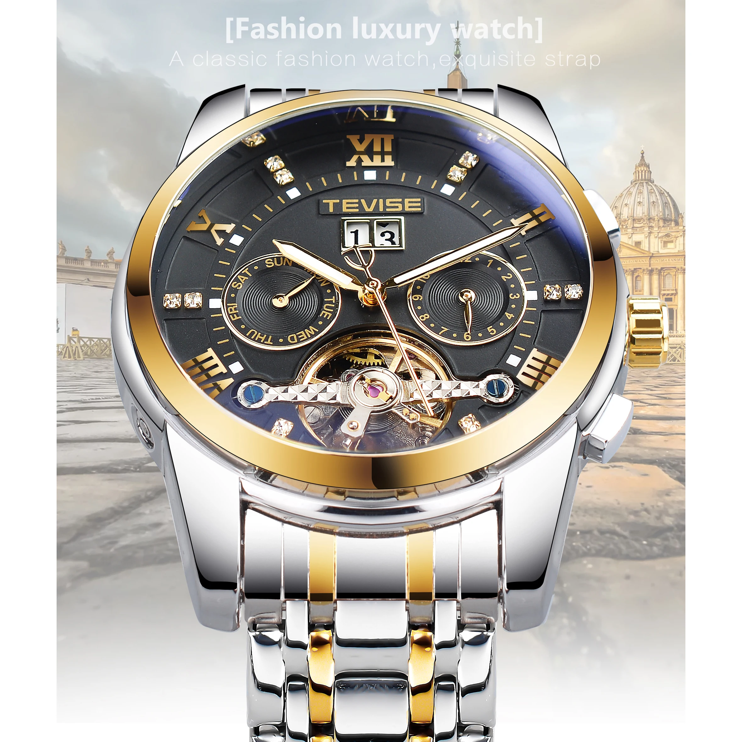 TEVISE Automatic Mechanical Men Watches Top Brand Luxury Diamond Gold Black Fashion Stainless Steel Belt Man Watch Waterproof