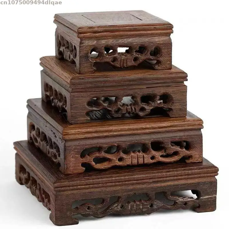 Vintage Solid Wood Carving Display Stand Vase Flowerpot Bonsai Decoration Frame Miniature Model Handicraft Tea Set Ornament Base