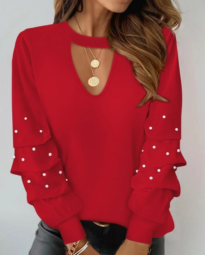 Women's Blouse Tops Casual Daily Solid Color Keyhole Neck Hollow-out Beaded Decor Lantern Long Sleeve Loose Fit Tee Top