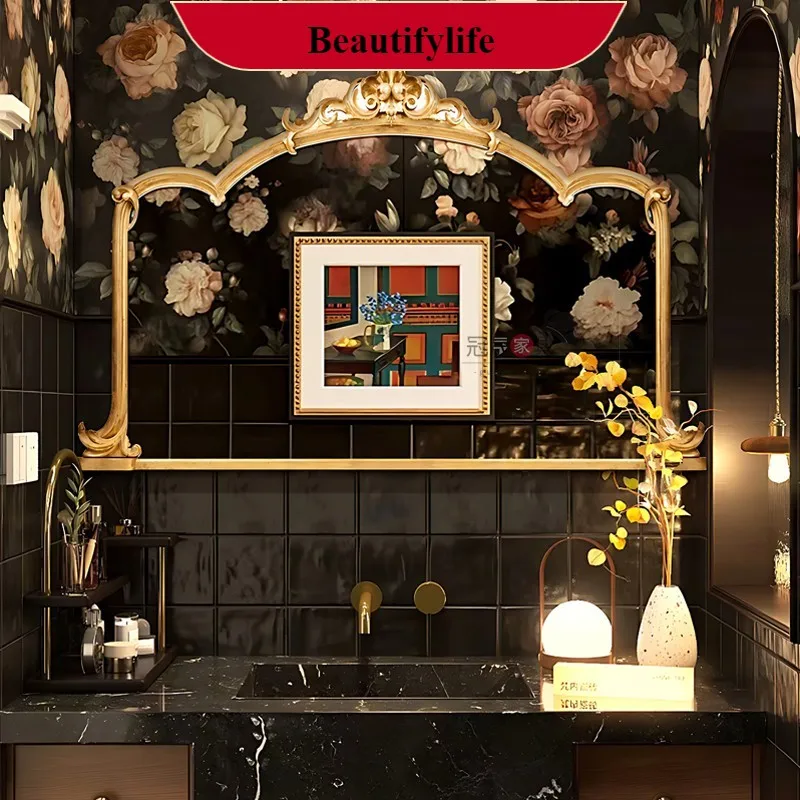

F66 French retro bathroom mirror wall hanging, carved smart makeup mirror bedroom entrance, European decorative mirror