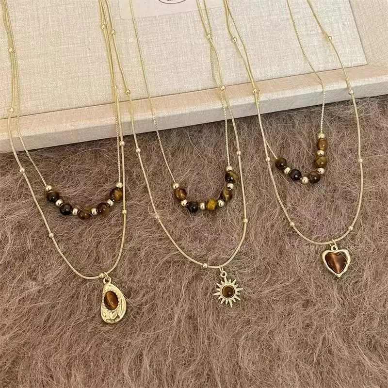 Mode Doppel-schicht Braun Naturstein Sonne Herz Anhänger Goldene Metall Kette Halskette Für Frauen Ästhetischen Retro Schmuck Geschenk
