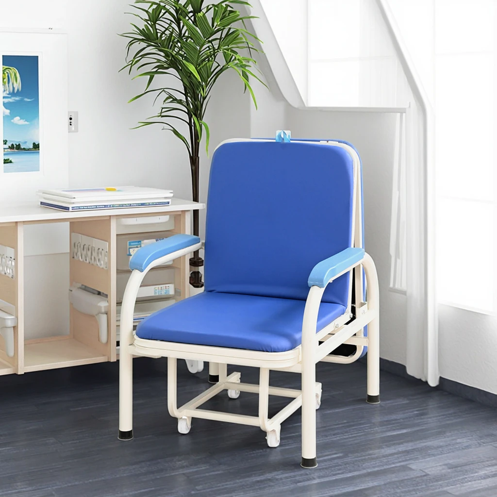 

Medical Recliner Chair Hospital Care Reclining Companion Chair Folding Steel Structure Bed Chair Soft Leather Cushion