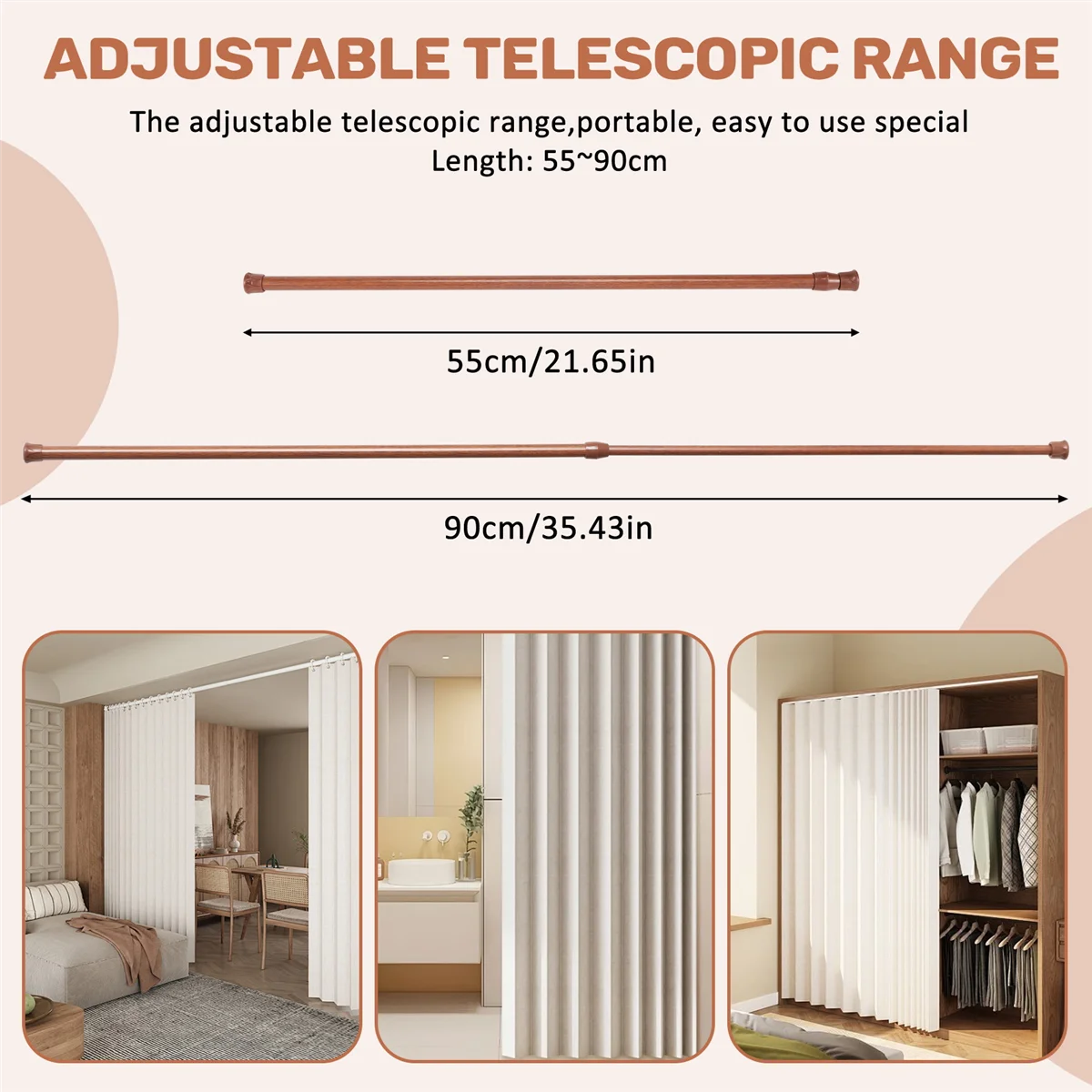 

Qualitative Extendable Telescopic Spring Loaded Net Voile Tension Curtain Rail Pole Rods,55-90Cm,Wood color