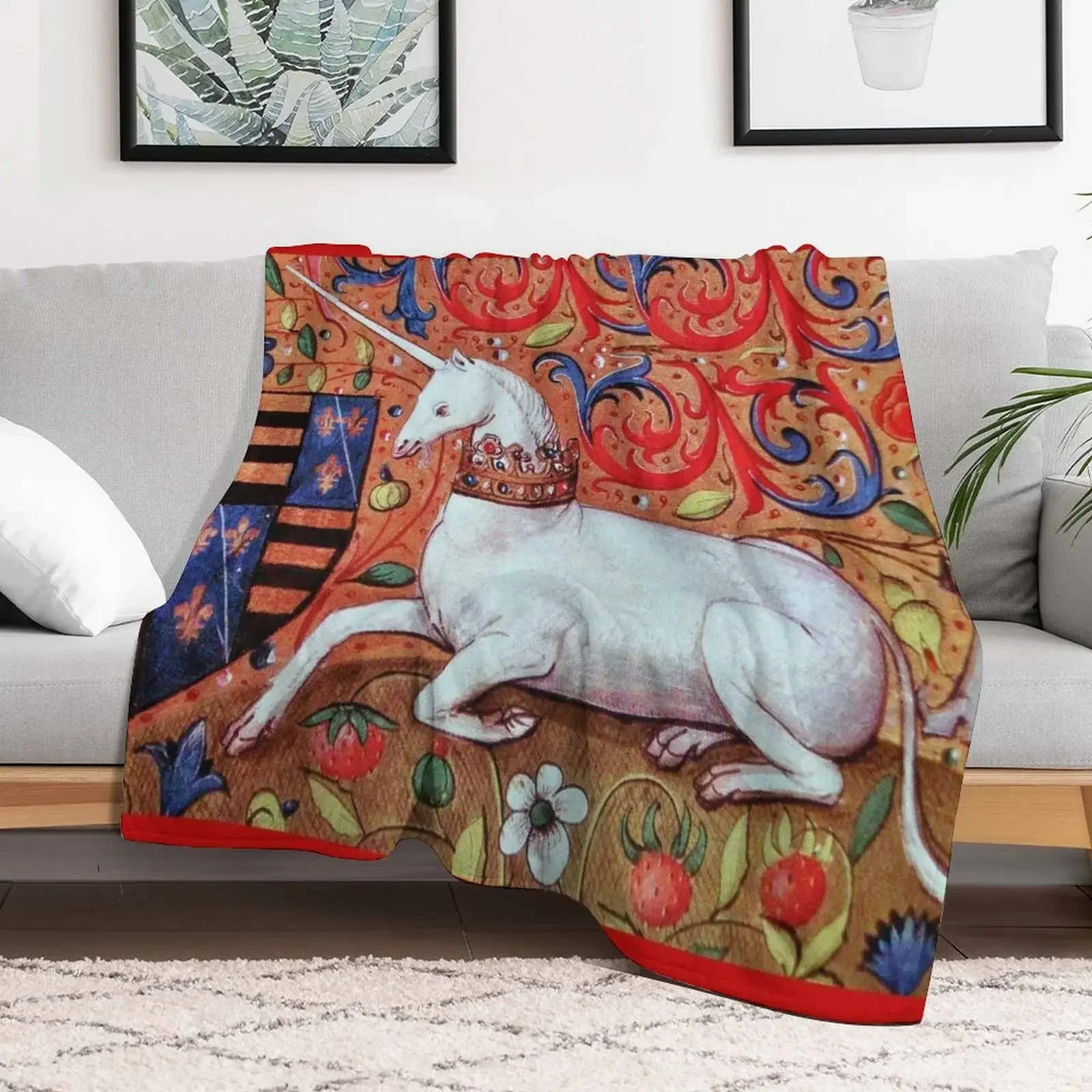 

UNICORN WITH RED BLUE WHITE FLORAL MOTIFS Medieval Miniature Throw Blanket warm winter for winter Blankets