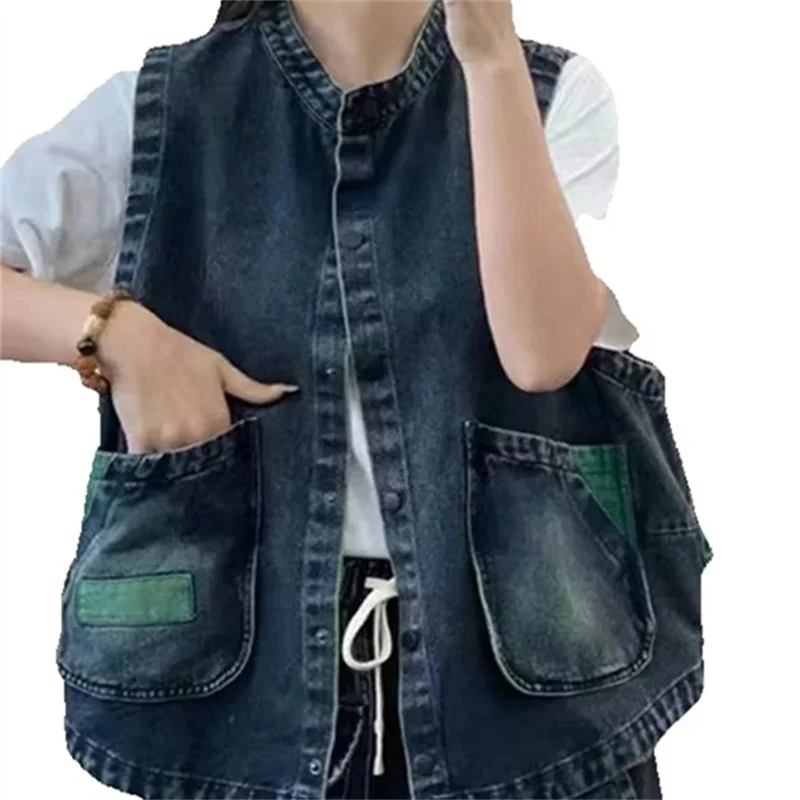 

Women Denim Vest Spring Summer Stand Collar Color Matching Vintage Jeans Vest Chinese Style Vintage Sleeveless Jacket Female Top