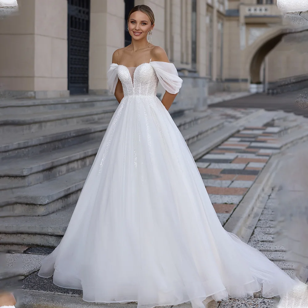 

Shiny off The Shoulder V-neck Sequined Bridal Grown A Line Wedding Dreses Sweep Train Custom Made