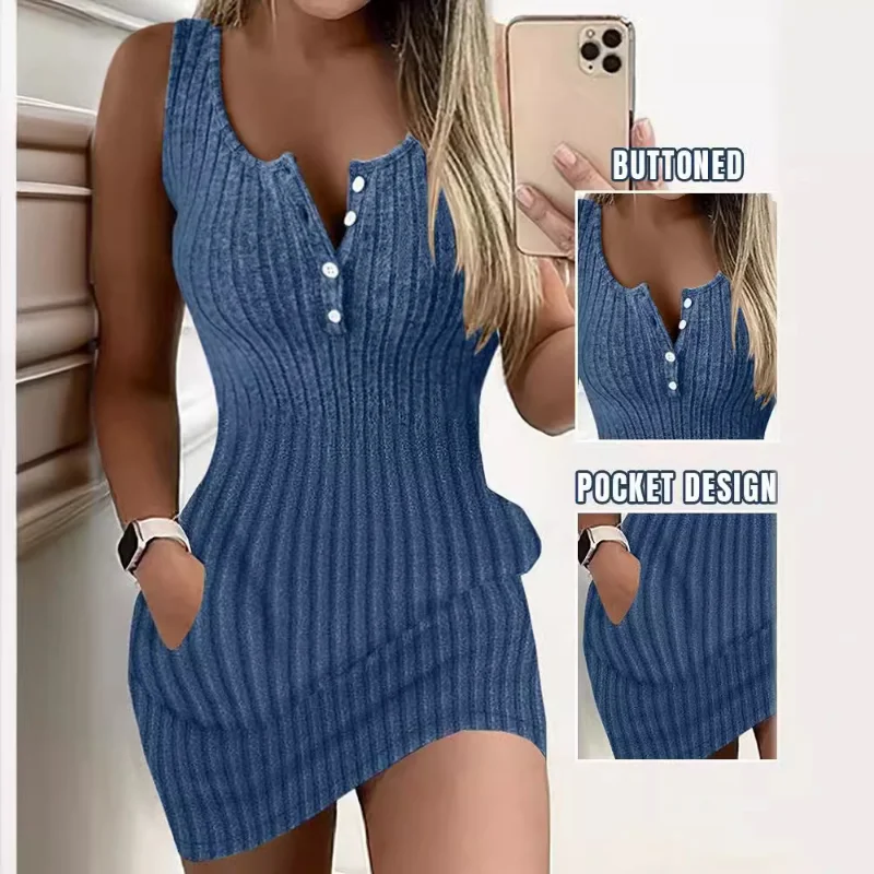 Vestido de emagrecimento com gola semi-aberta feminino, monocromático, botões casuais, vestidos básicos, saias sem mangas, moda de deslocamento, verão