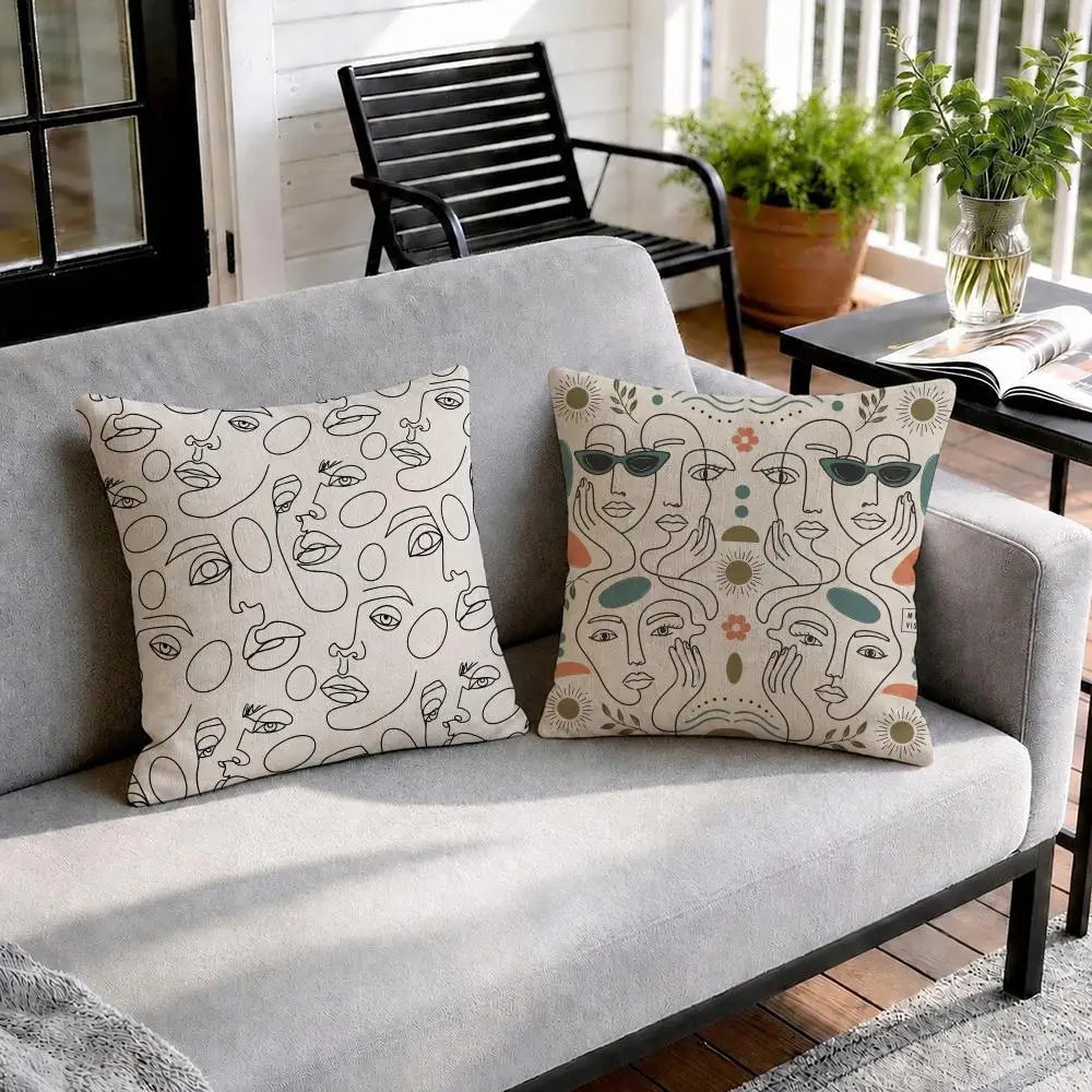 Abstract Face Line Art Cushion Cover Natural Linen Organic Fabric Double-Sided Printing Sofa Home Decor Gift Pillow Cover