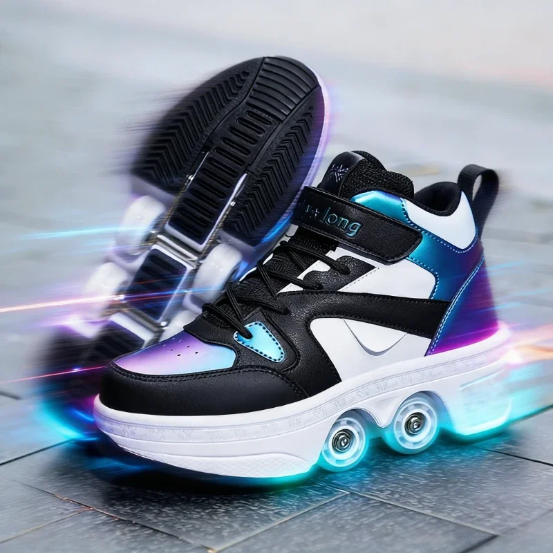 Factory Direct Safe Kids Roller Skates 6-15Y 4-Wheel Deformable Walk Skate Anti-Slip Girls Runaway Shoes Cross-Border In Stock