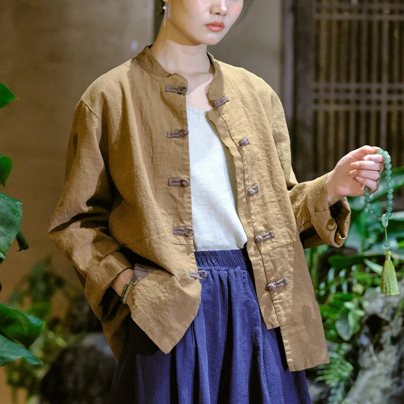 2023 Vrouwen Vintage Patchwork Blouse Chinese Stijl Button Down Cardigan Losse Shirts Tops Lange Mouw Zen Kleding Lente Nieuw