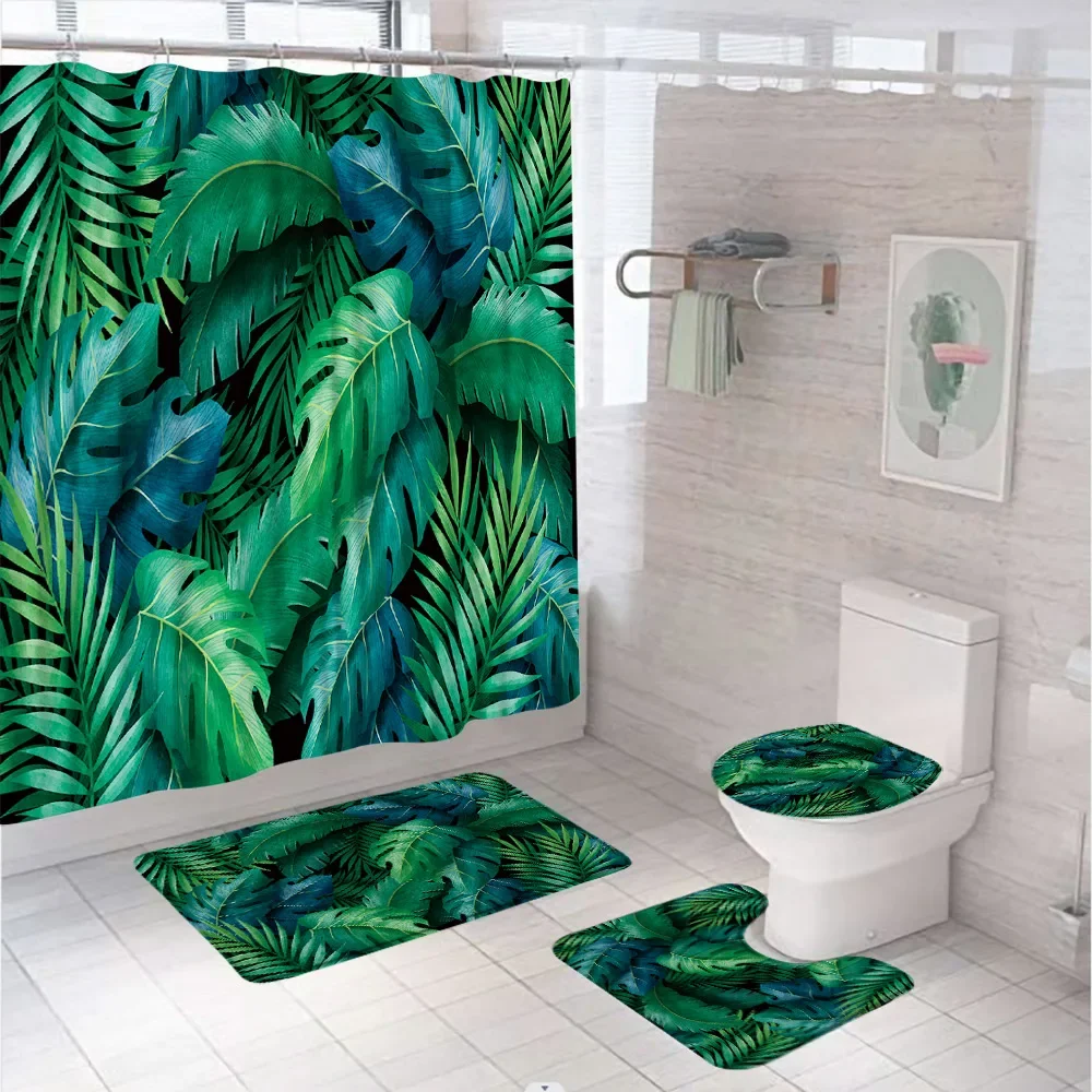 

Набор для ванной комнаты с тропическими листьями, занавеска для душа, коврик с зелеными пальмами, листьями монстеры, джунглей, экран для ванны, коврик для сиденья унитаза
