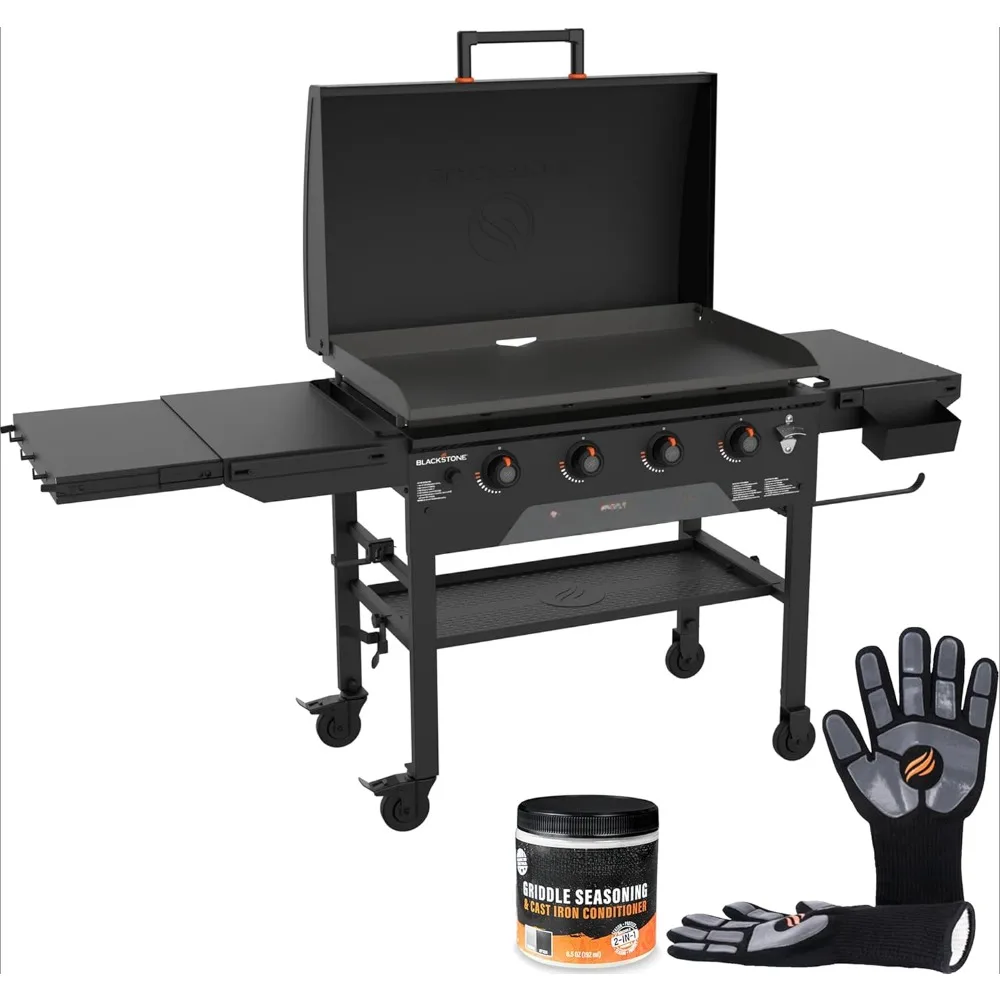 36 Inch Griddle with Hood, 4-Burner Flat Top Grill, Propane Gas Grill with Seasoning and Griddle Gloves