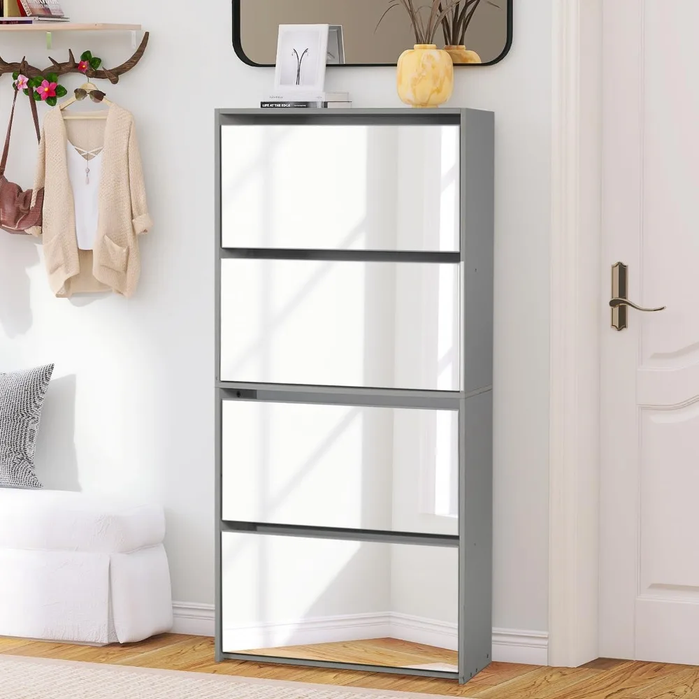 Shoe Cabinet  Slim Mirrored Shoes Rack with 4 Flip Drawers Narrow Closed Wooden Shoe Cabinet  for Entryway Freestanding (Grey)