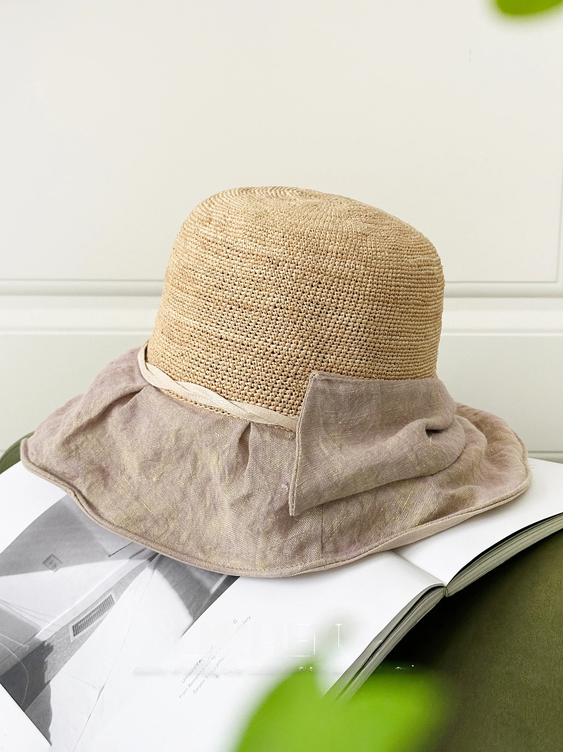 elegant-linen-laffey-straw-hat-women's-summer-sun-protection-foldable-wide-brim-hat-face-slimming-hat-knot