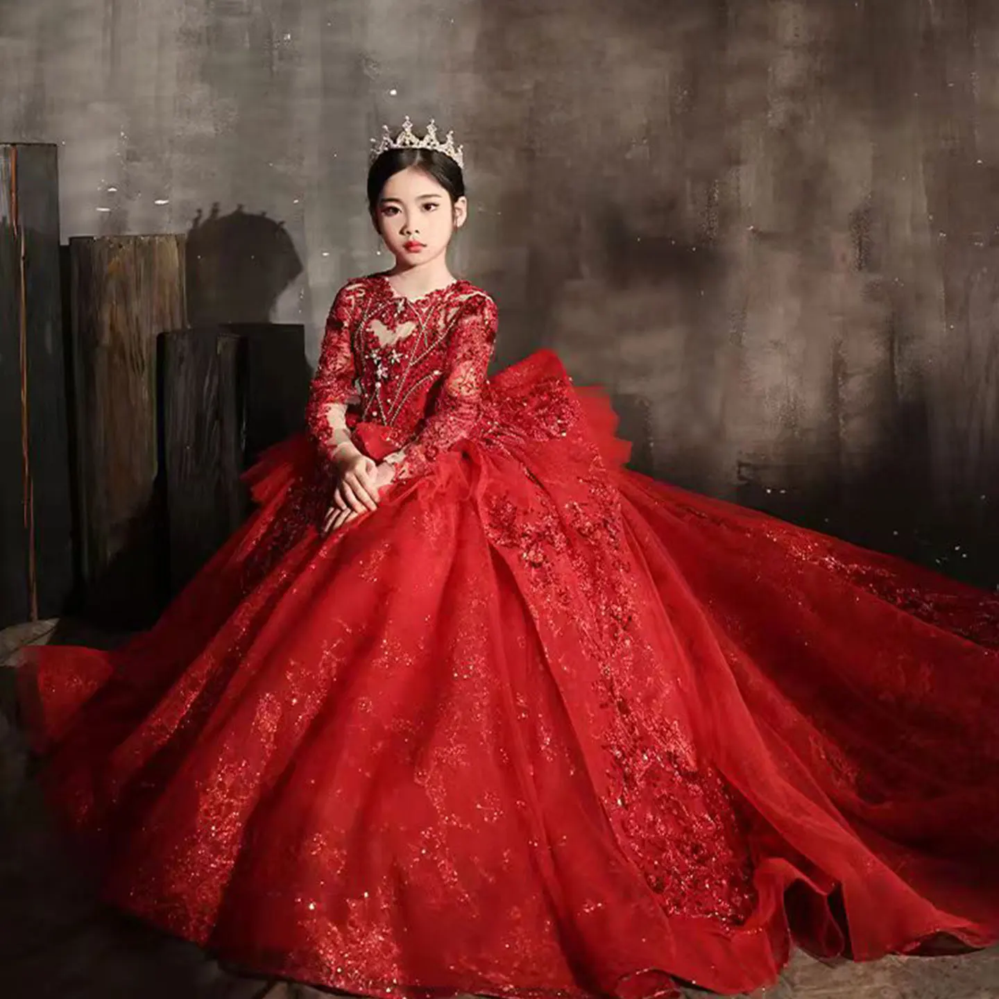 Jill Wish Luxury Red Crystal Girl Dress Long Sleeve Court Train Arab Kids Princess Wedding Birthday Party Holiday Gown J335