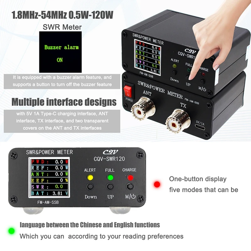 CQV-SWR120 120W SWR & Power Standing Wave Meter High Standing Wave Alarm Function 240 X 240 Full Color HD FM-AM-SSB Reusable