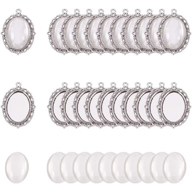 

60pcs Bezel Pendant Blanks Settings - 30pcs Oval Pendant Trays Photo Charms with 30pcs Glass Cabochons for Bouquet Bridal