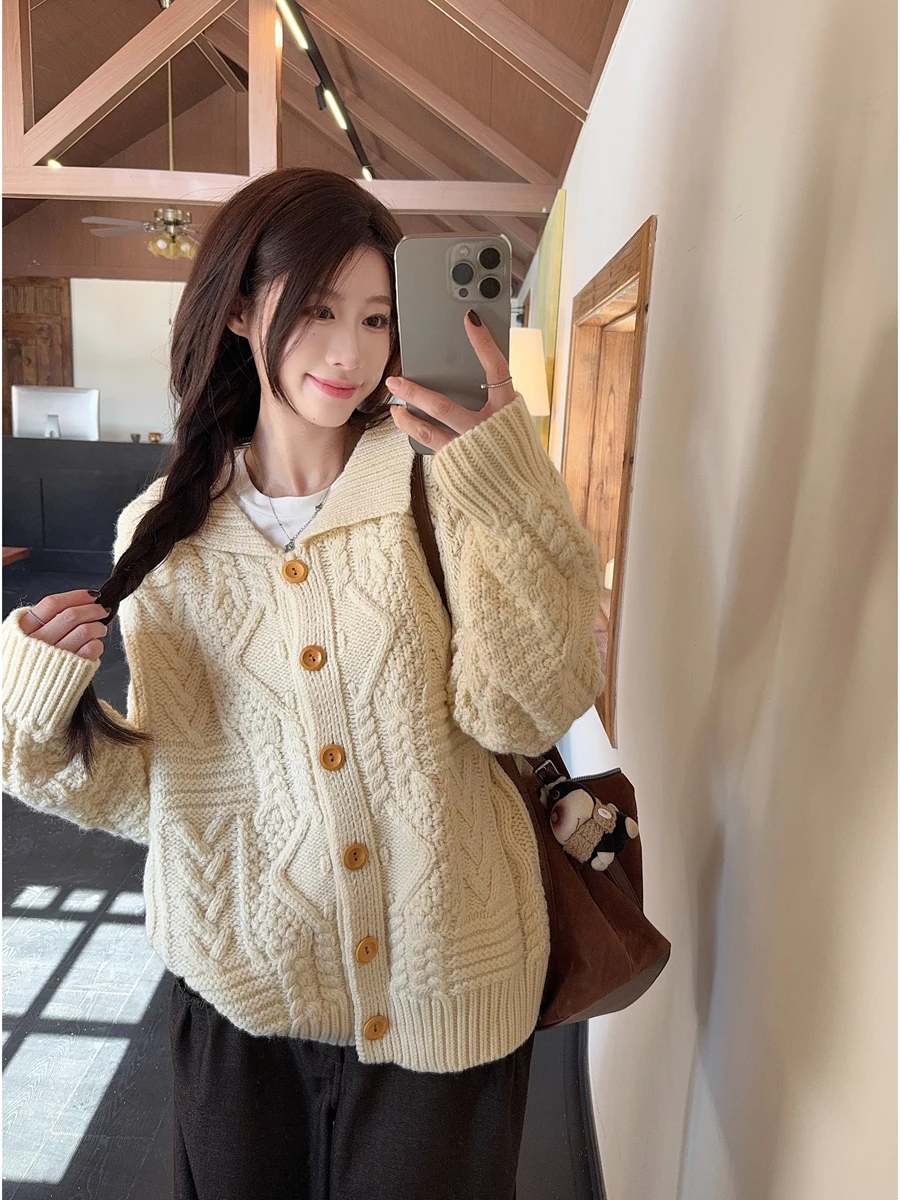 

Loose Thiened Knitted Cardigan Women's Korean Sle Doll Collar Single Button Sweater Coat Autumn Winter Faion Sensation