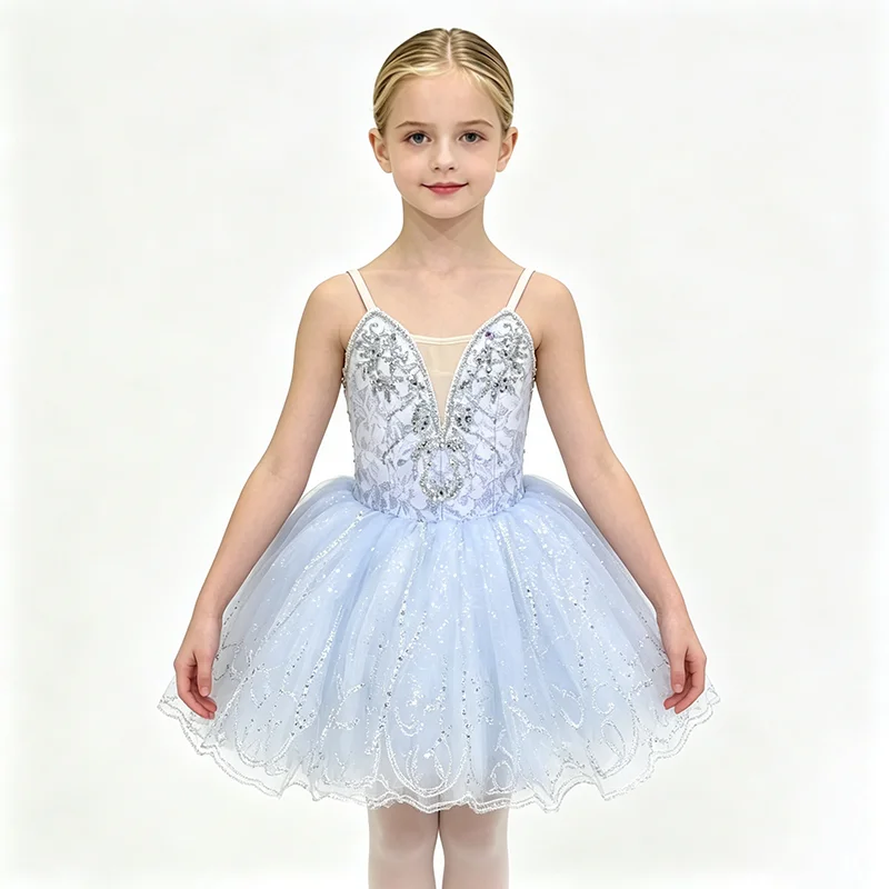 Girls Thin Strap V Neck Ballet Performance Dress Full Color Rhinestone Scroll Embroidery Sequin Wavy Edge Fluffy Tutu Dancewear