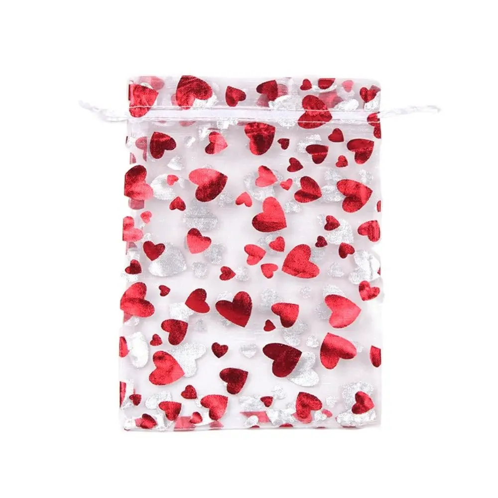 20pcs Portable Drawstring Valentine's Day Gift Bag Love Heart Organza Mesh Candy Pouches Reuse Mini Bronzing Gift Bag Party