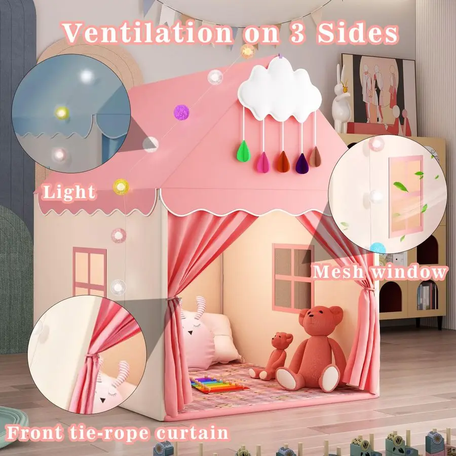 Kinderspeeltent met mat, wolken- en balverlichting Groot speelhuisje voor kinderen en meisjes Prinsessenkasteeltent voor bed Binnenversterker Ou