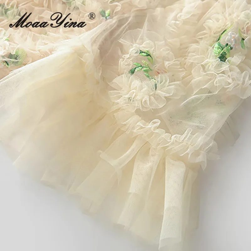 MoaaYina Vestido feminino retrô bordado estampado em camadas de malha plissada gola redonda manga curta S-4XL