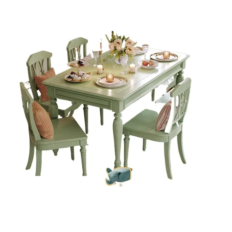 

American solid wood retro green dining table and chair combination household small-sized rectangular French retro ash