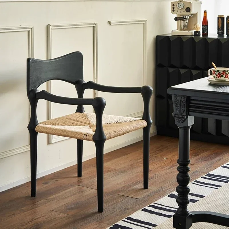 French retro solid wood dining chair, creative and simple study medieval weaving artistic chair