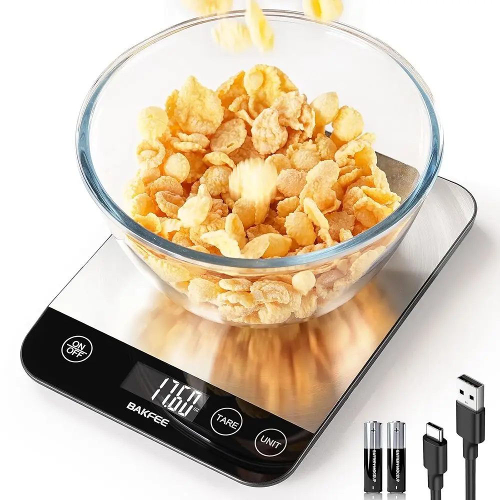 

Rechargeable 33lb Stainless Steel Kitchen Scale with Grams & Ounces, USB Charging, High Accuracy, Cooking & Food Prep, Black