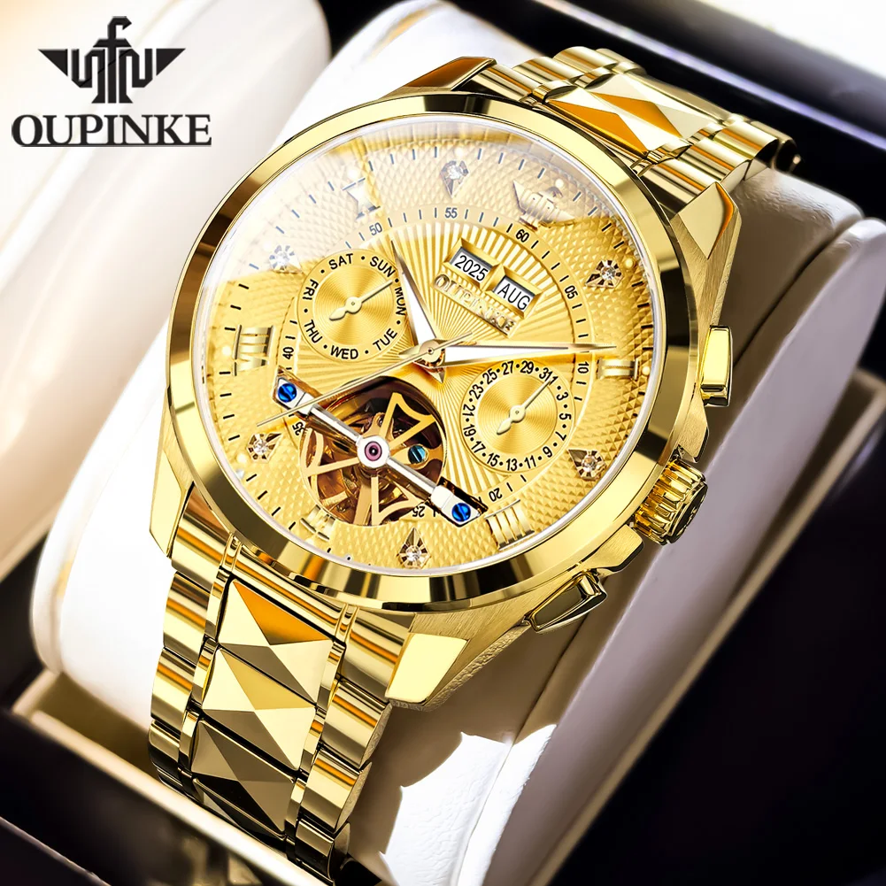 OUPINKE Men's Watches Luxury Fashion Gold Tungsten Steel Original Automatic Mechanical Wristwatch Complete Calendar Flywheel New