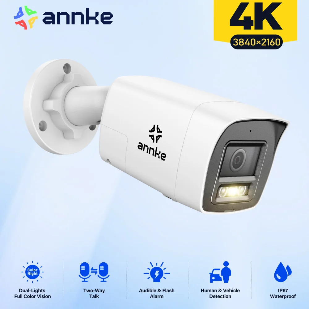 

ANNKE 4K Smart Dual-Light Bullet Network Camera 8MP Two-way Audio Security IP Camera Support flashing/Audio alarm IP67 4mm Lens