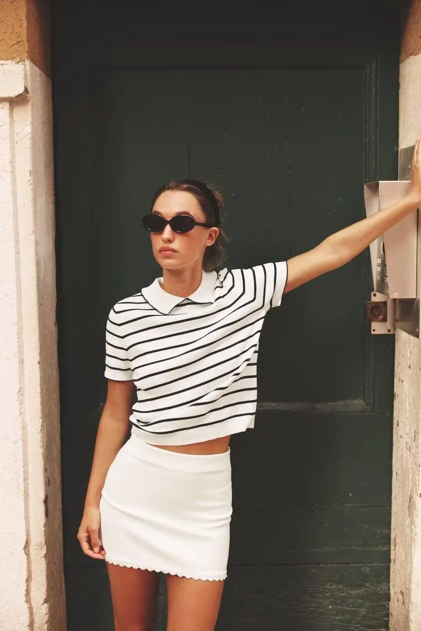 

BB6533 ZA25 summer new women's clothing spring new simple contrasting color splicing trimmed short sleeved lapel casual knit swe