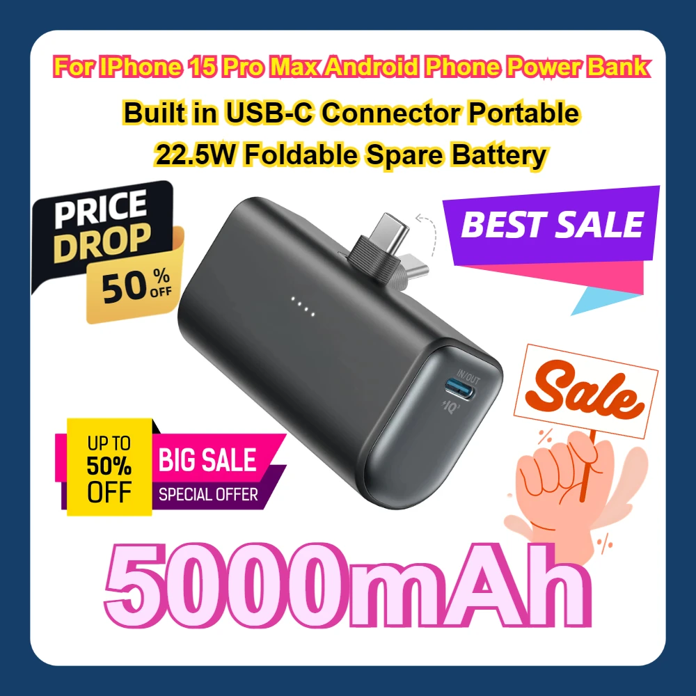 

For IPhone 15 Pro Max Android Phone Power Bank 5000mAh Built in USB-C Connector Portable 22.5W Foldable Spare Battery