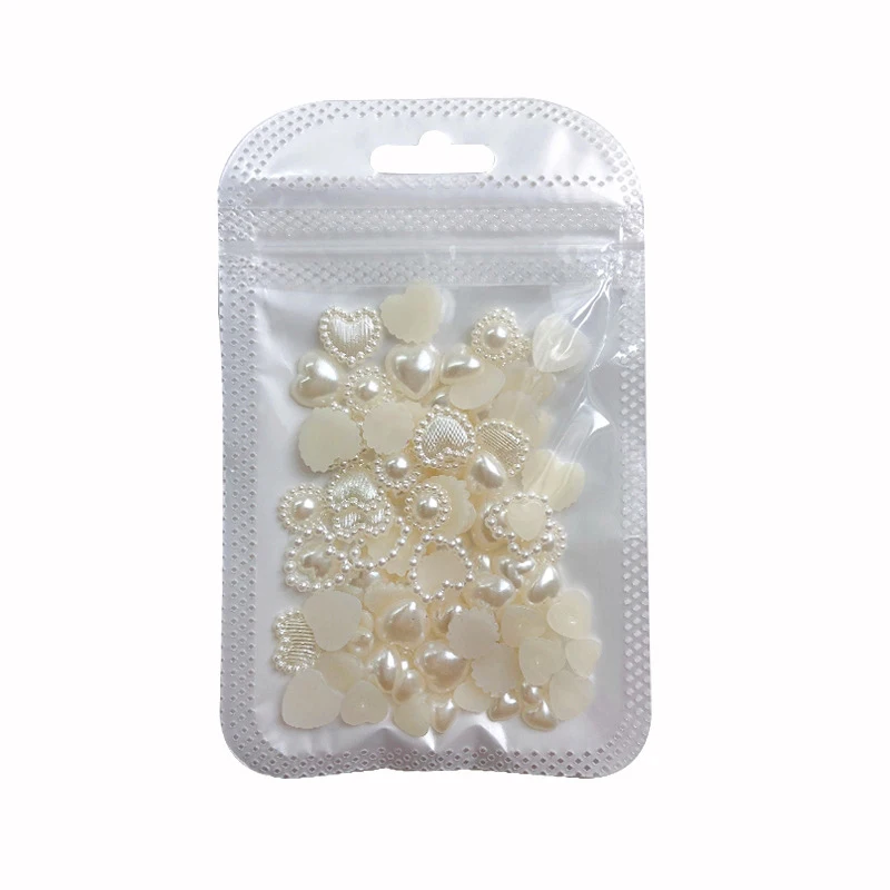 100pcs/bag New Mixed White Pearl Love Heart Shaped Nail Art Charms Half Round Beads Design For Nails DIY Manicure Decoration