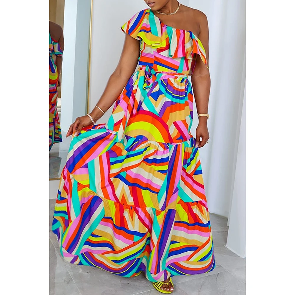 Plus Size Multicolor Casual All Over Print One Shoulder Ruffle Rainbow Maxi Dresses