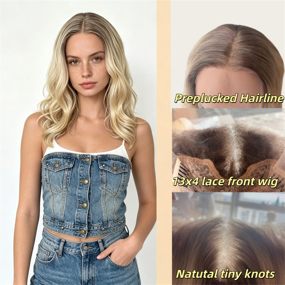 13x4 Ombre Creamy Blonde Synthetic HD Lace Front Wig with Light Brown Roots High Quality Heat Resistant Fiber Wig New Style Wig