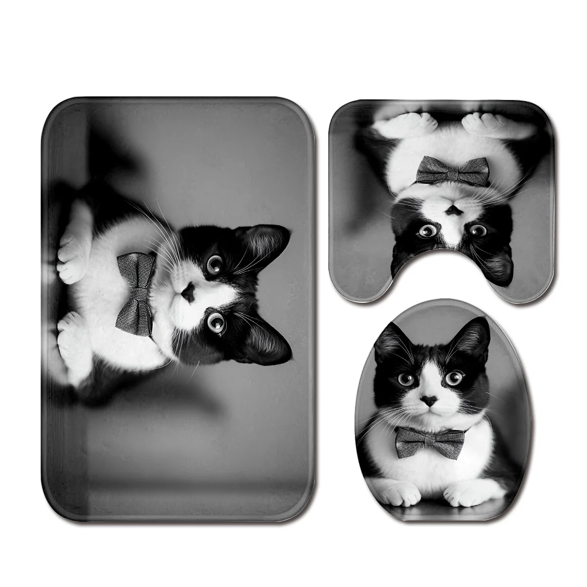 3pcs Adorable Cat Bathroom Rug Set Non-Slip U-Shaped Mat and Toilet Lid Cover Animal Theme Washable Indoor Floor Mats