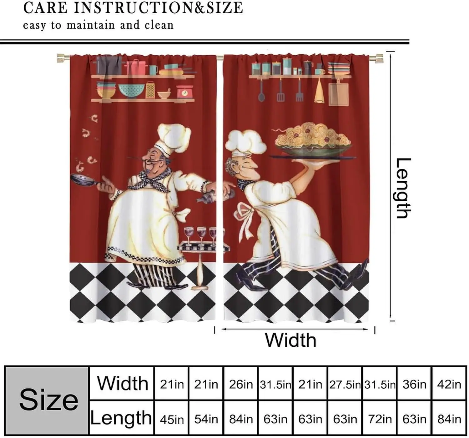Chef Kitchen Curtains, Abstract Funny Cook Theme Red Black Buffalo Check Plaid Window Drapes for Bedroom and Living Room