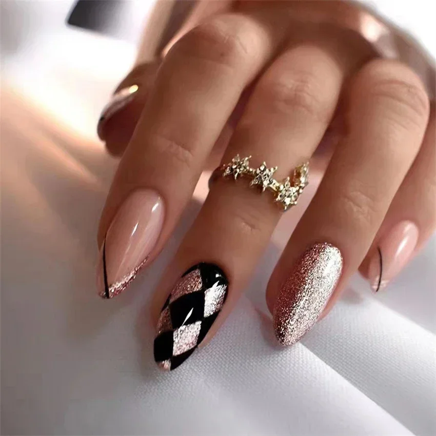 24PCS Pure Simple French Almond Wear Fake Nails Full Coverage Acrylic False Nails White Edge Removable Press on Nail Art Tips