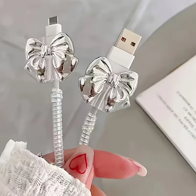 2Pcs Cute Silver Bow Silicone Charger Cable Protector Sleeve Transparent Anti-Break Data Line Cord Cover Wrap, Cable Holder Clip