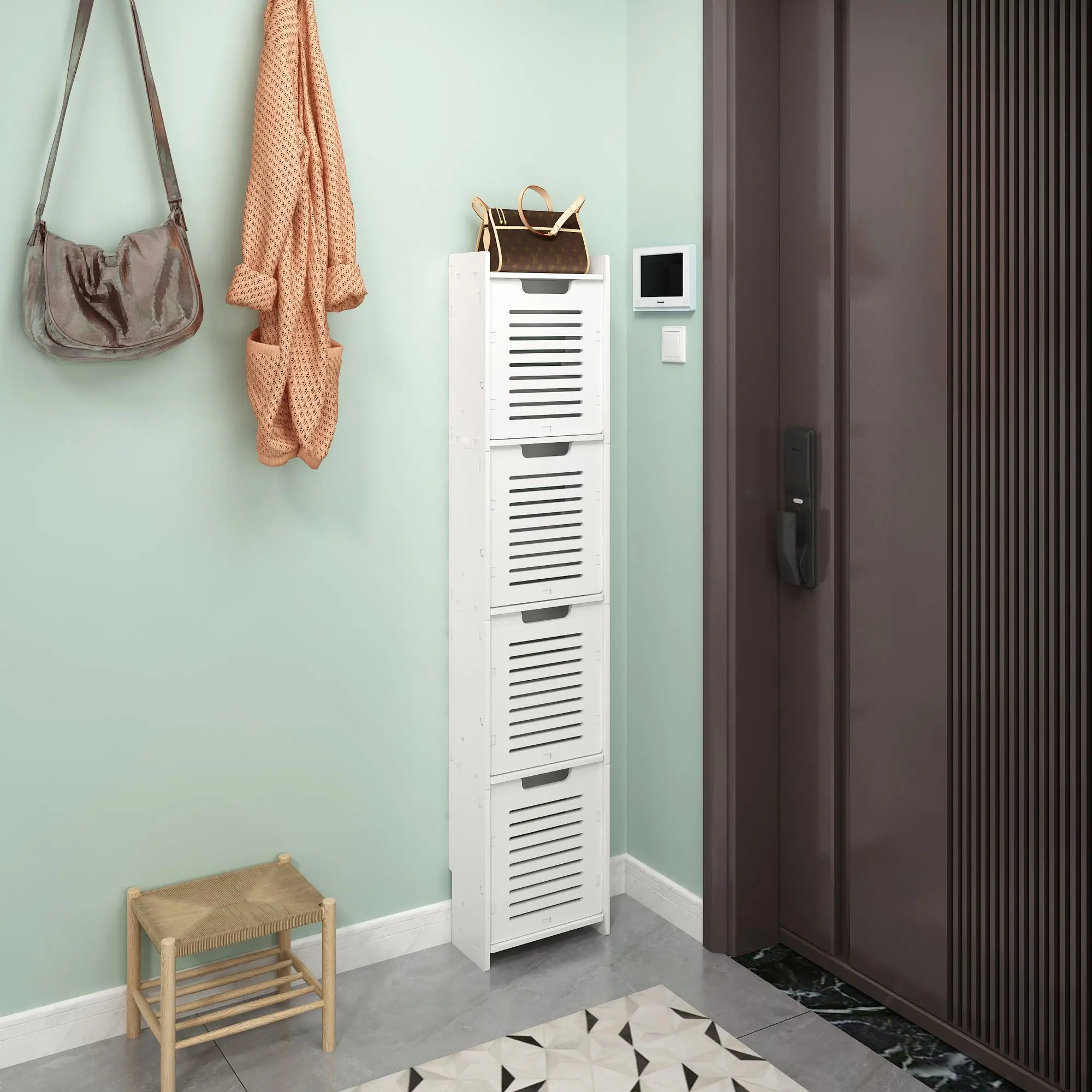 4-Tier White Narrow Shoe Cabinet Vertical Slim Plastic Shoe Storage Organizer With Louvered Flip Doors For Entryway Hallway