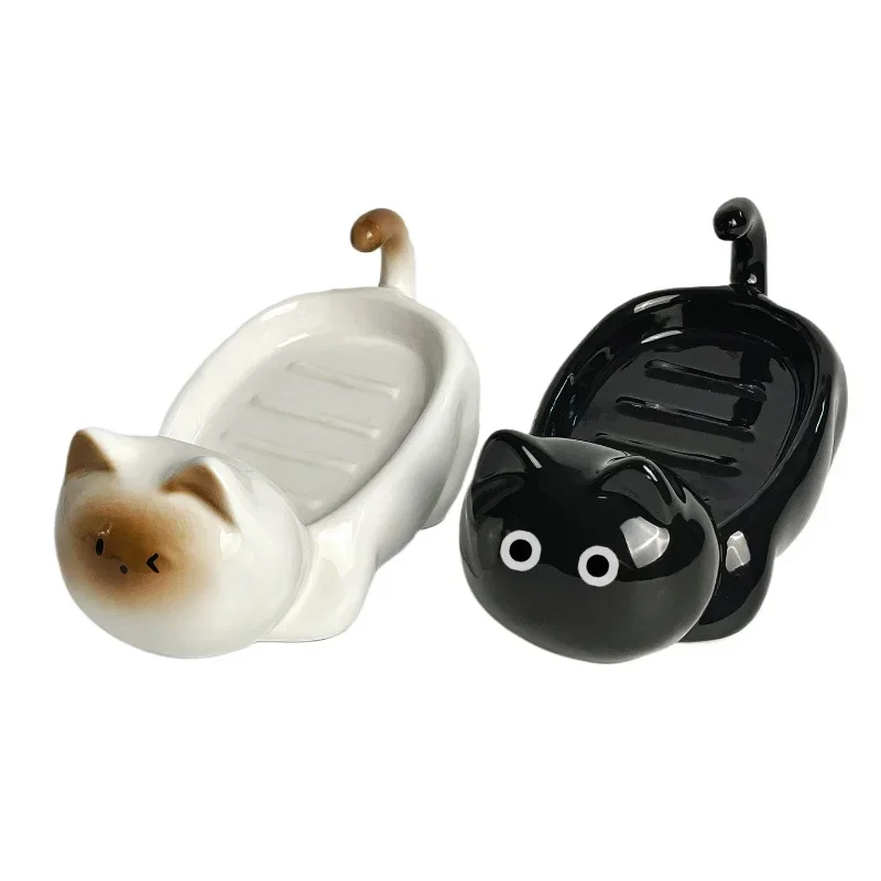 Siamese Cat Ceramic Soap Box, Simplicity, Household Creative, Cute Cartoon, Perforation-free, Small Art Drain Dish