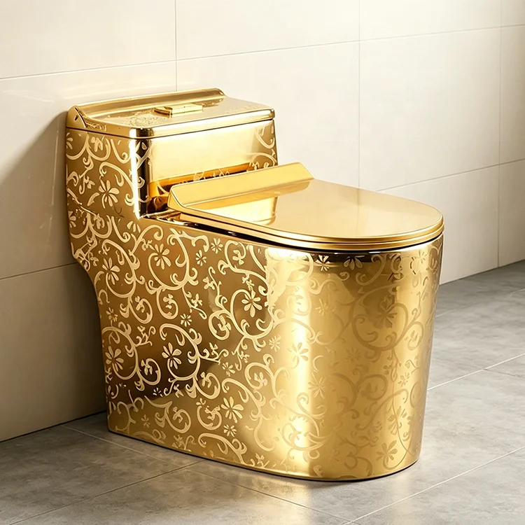 High-end Modern Design Ceramic One-piece Square Toilet With P-trap/S-trap Gold-plated Washdown Flushing For Bathroom Hotel Use