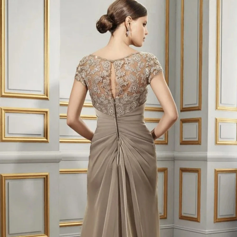 Klassische O-Ausschnitt Kurzarm Mutter der Braut Kleid exquisite Spitze Applikationen gerade lange Abendkleider für formelle Party