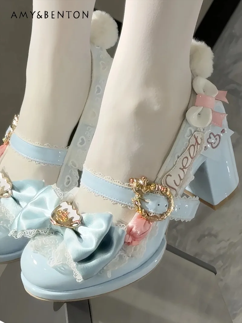 

Sweet Lolita High Heels Cute Bow Lace Splicing Round Toe Thick Heel Platform Shoes Female Cartoon Print Kawaii Princess Shoes