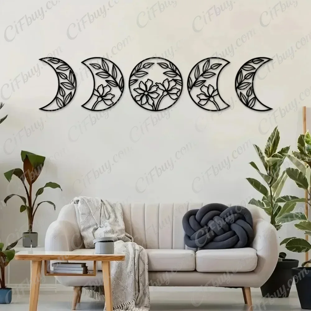 CIFBUY 5Pc Moon Phase Iron Wall Decor Nordic Flower Leaf Metal Art Hanging Ornament Rust Proof Home Decor Unique Gift Vintage