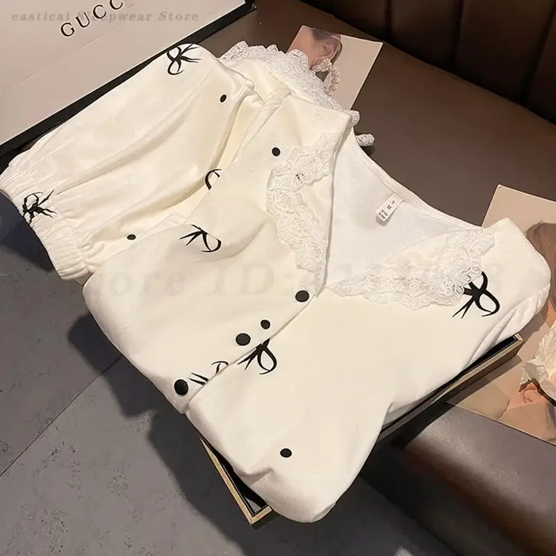 

Бархатная одежда для сна с бантом Sweet Island, осень-зима, женский пижамный комплект из 2 предметов, ночная рубашка, кружевной пижамный костюм с длинными рукавами, свободная домашняя одежда