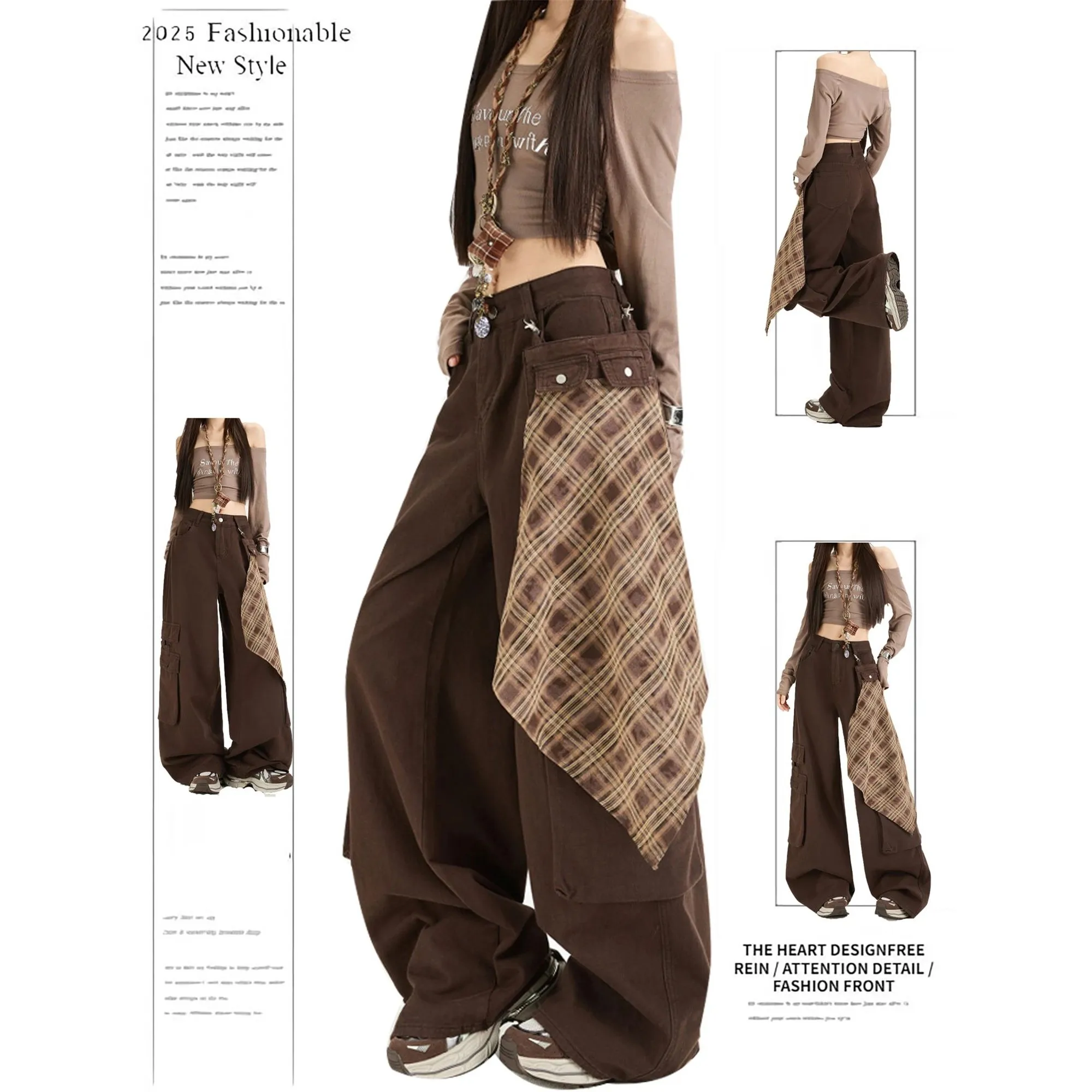 

Женские модные джинсовые брюки-карго в клетку с пэчворком, прямого кроя, из ПВХ-материала, нейтральные, зимняя коллекция