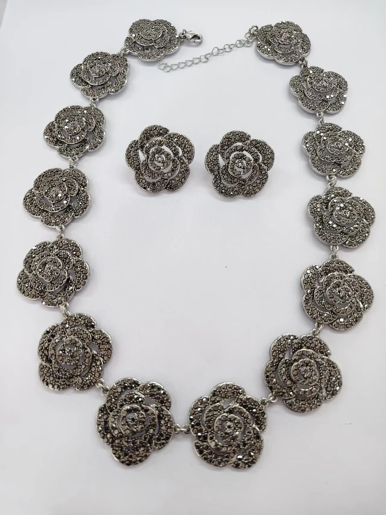 Gunmetal Gray Marcasite Crystal Camellia Rose Short Collar Choker Necklace Earrings Set Vintage Luxury Statement Wedding Party