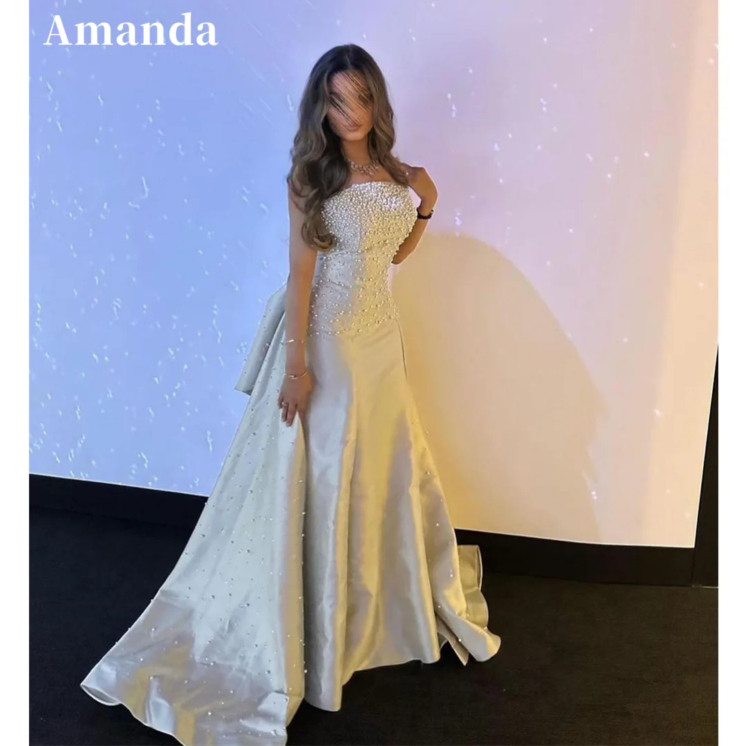 Amanda Pearl Strapless Satin فساتين سهرة Mermaid Vestidos De Fiesta With Train Grey White Strapless Vestidos De Noche